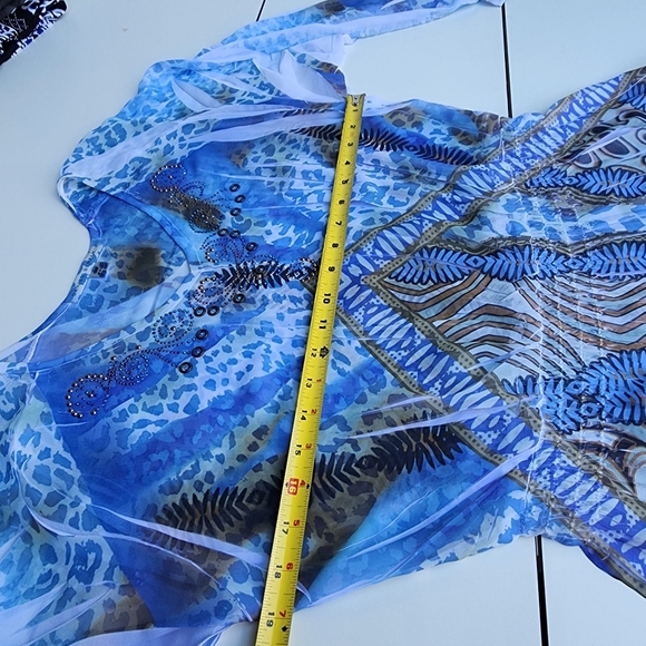 Daniel Benjamin Womens Sheer Tunic Top Smocked Beaded Boho Lightweight Blue Sz M - Picture 9 of 10